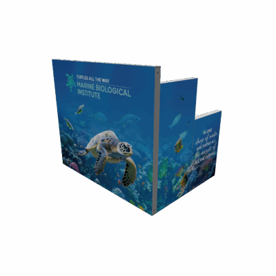 Custom printed SEG light box counter with Marine Biological Institute branding and underwater ocean graphics