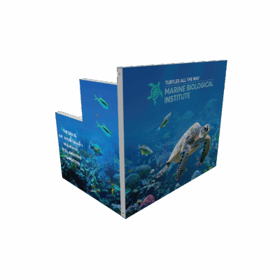 Portable SEG light box counter with custom ocean turtle graphics for Marine Biological Institute trade show booth