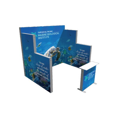 Modular SEG light box trade show booth with marine biological institute graphics and backlit fabric panels