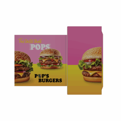 Portable SEG light box displaying Pop's Burgers graphics with modular backlit banner and envelope-style fabric skin