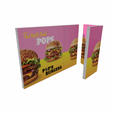 Portable SEG light box displays with vibrant burger graphics showing modular backlit trade show booth configuration