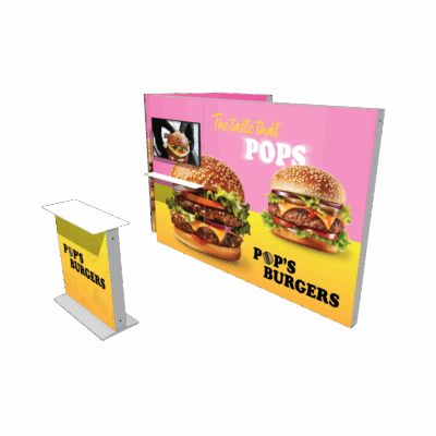 Modular SEG light box display with Pop's Burgers branding and backlit graphics at trade show booth
