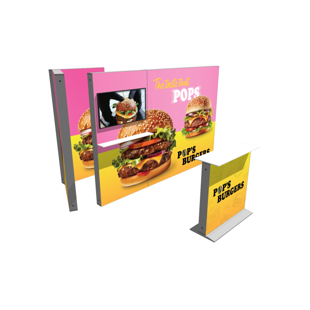 Modular SEG light box display system with backlit burger graphics and portable counter for trade shows