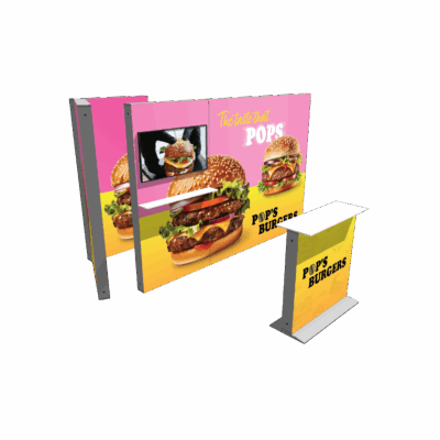 Modular SEG light box display system with backlit burger graphics and portable counter for trade shows