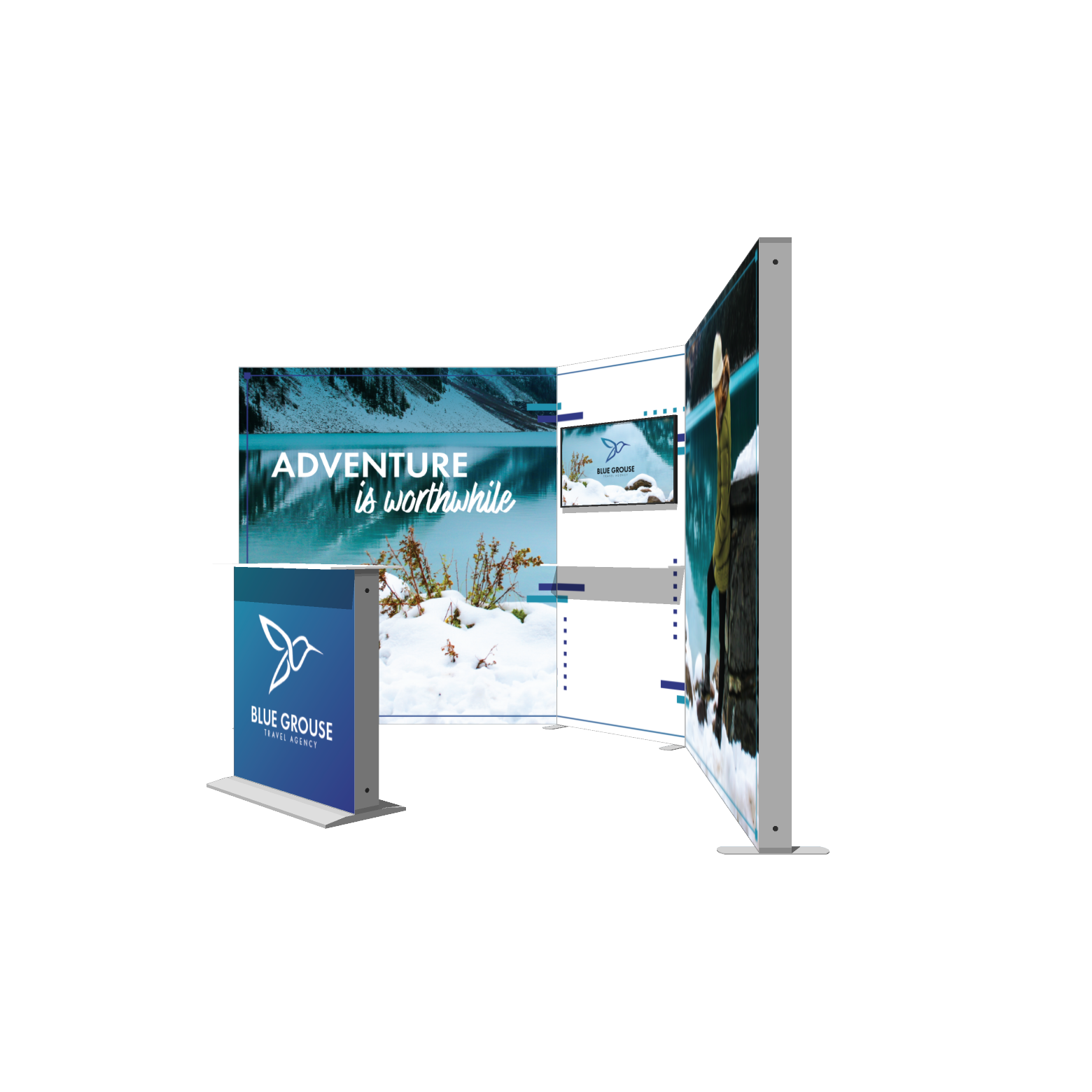 Modular SEG light box trade show display with backlit banners and Blue Grouse Travel Agency branding in booth configuration