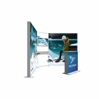 Modular SEG light box trade show display with backlit fabric graphics and Blue Grouse Travel Agency branding