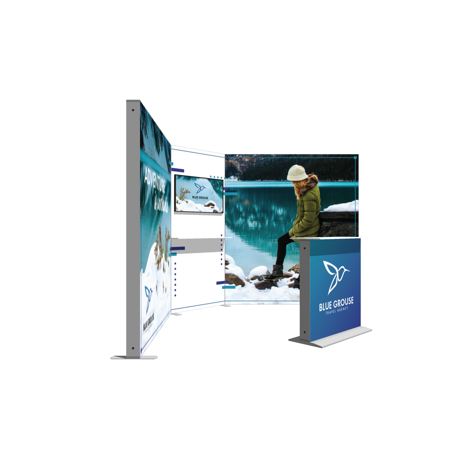 Modular SEG light box trade show display with backlit fabric graphics and Blue Grouse Travel Agency branding