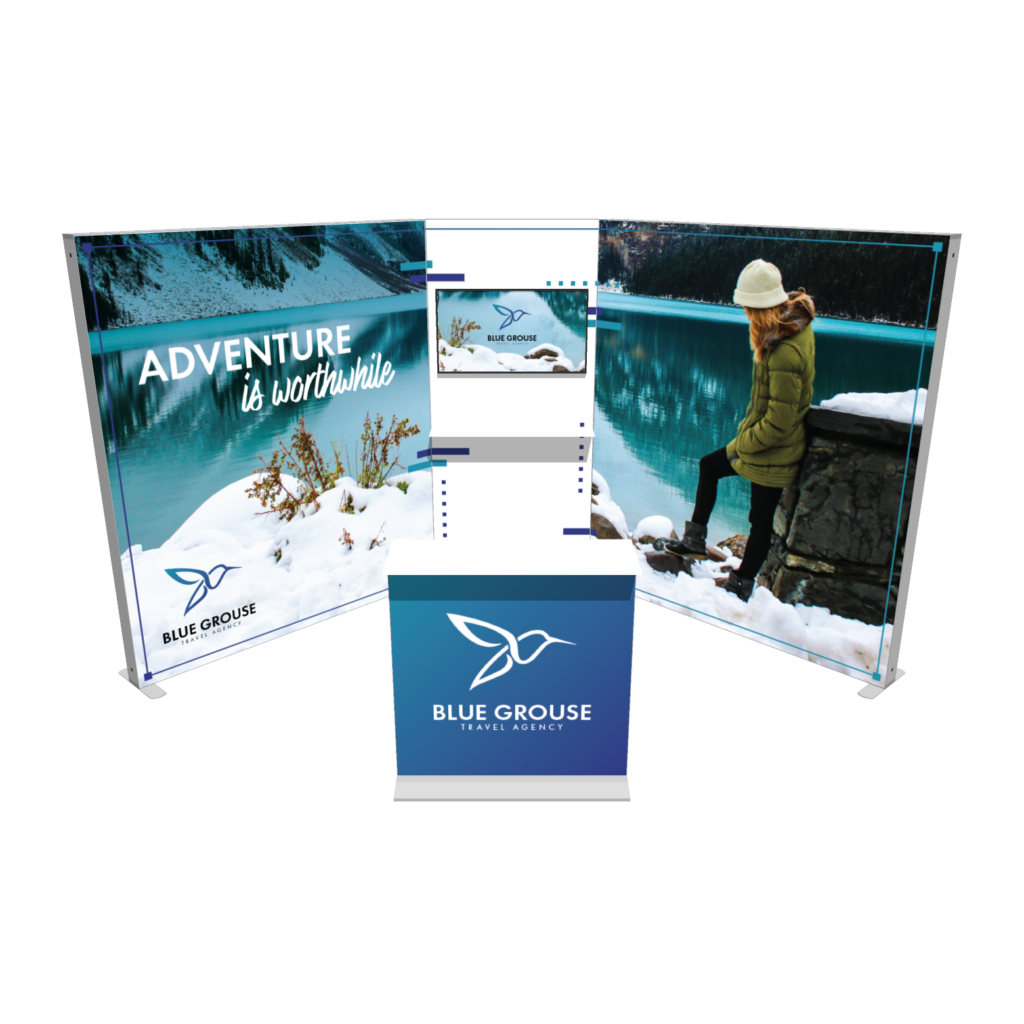 Modular SEG light box trade show display with backlit graphics and counter for Blue Grouse Travel Agency booth