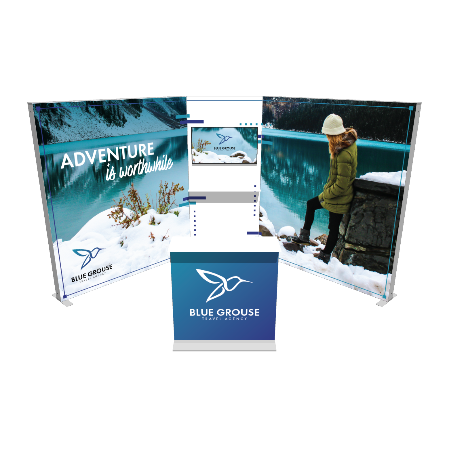 Modular SEG light box trade show display with backlit graphics and counter for Blue Grouse Travel Agency booth