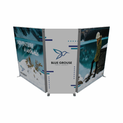 Modular SEG light box display with backlit travel agency graphics in curved three-panel configuration