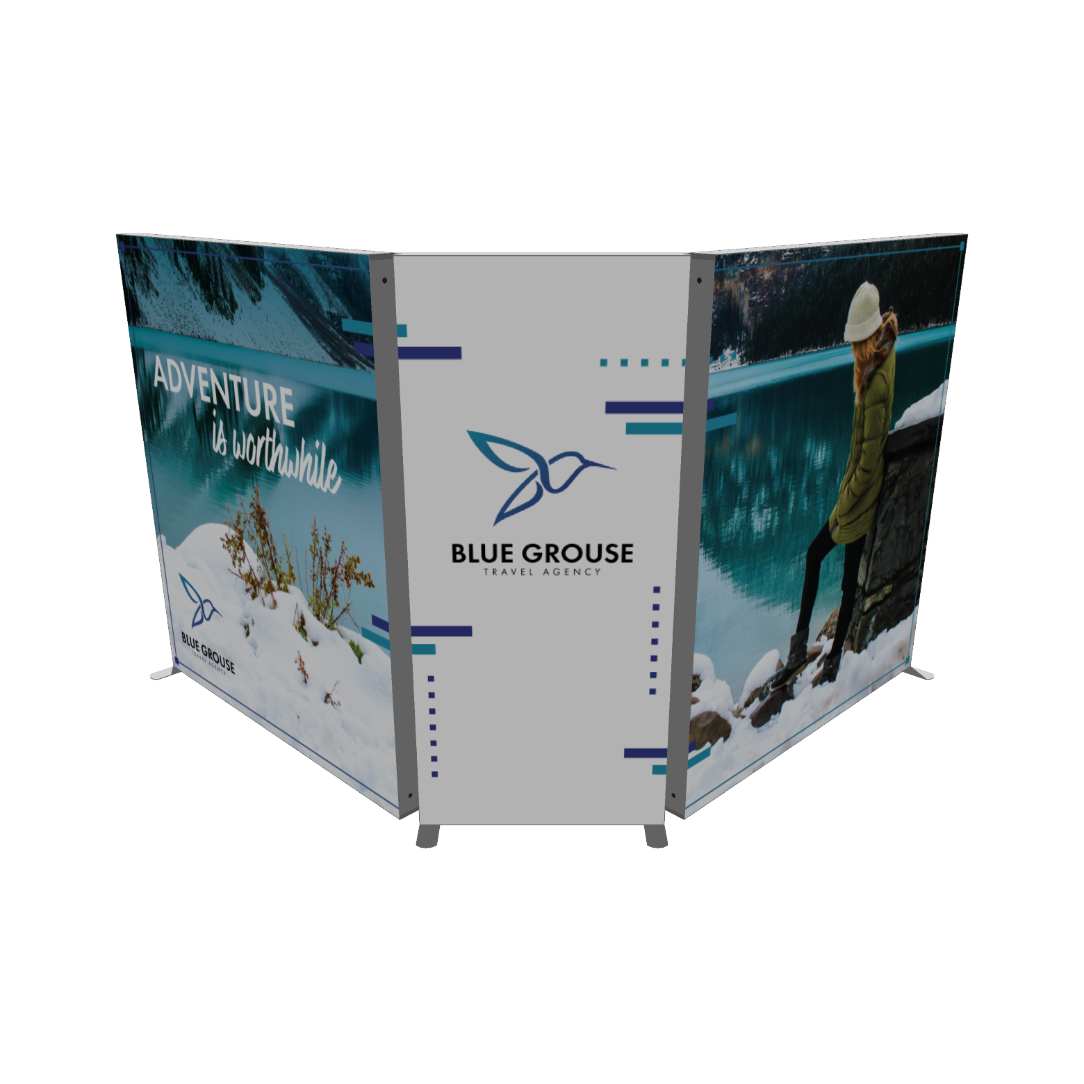 Modular SEG light box display with backlit travel agency graphics in curved three-panel configuration