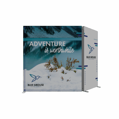 Modular SEG light box display with custom backlit graphics for Blue Grouse Travel Agency trade show booth