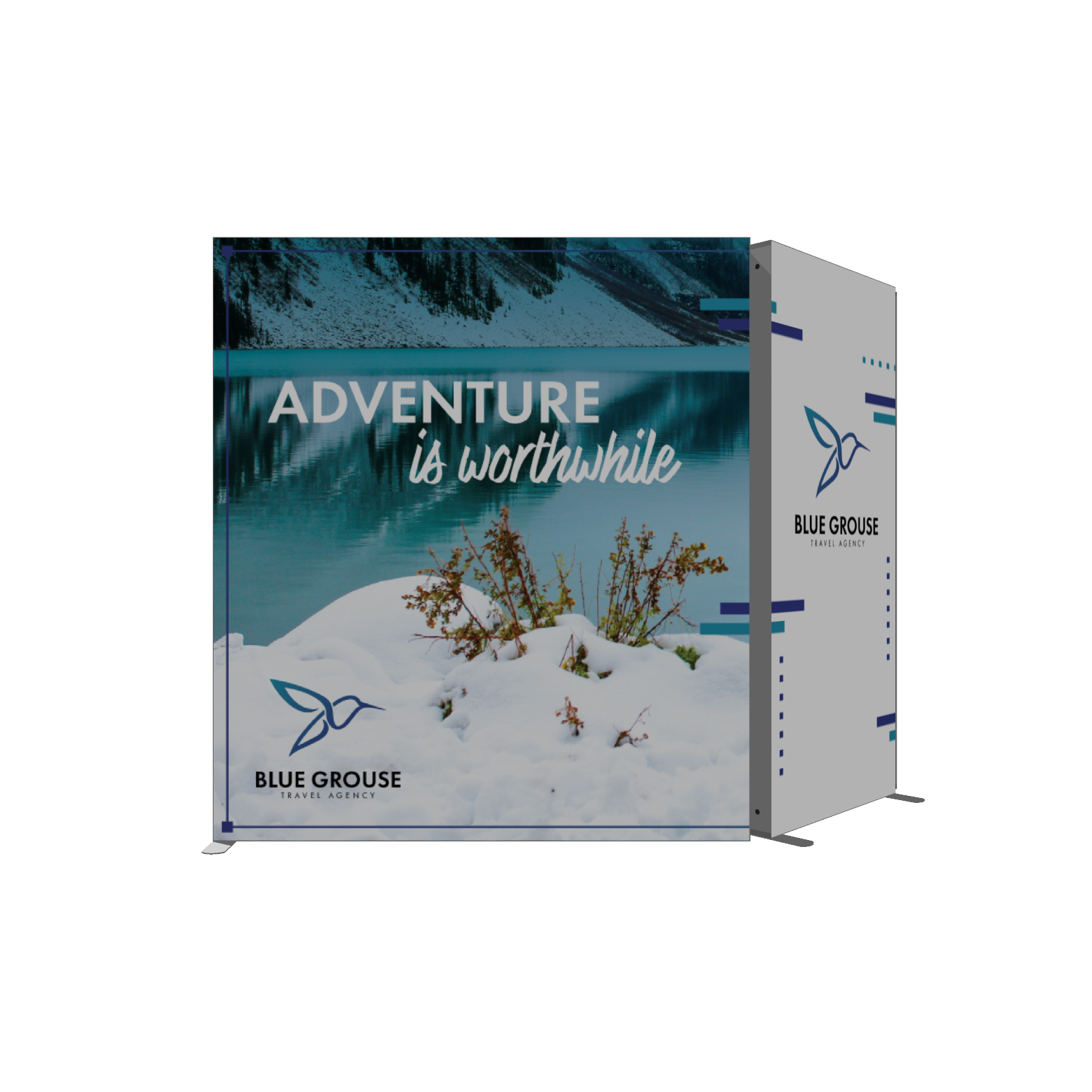 Modular SEG light box display with custom backlit graphics for Blue Grouse Travel Agency trade show booth