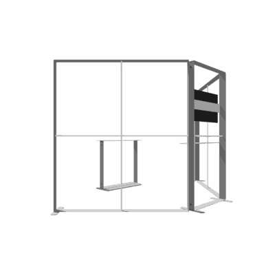 Modular SEG light box trade show display with backlit panels and shelving accessories in aluminum frame system