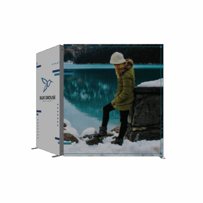 Modular SEG light box trade show display with fabric graphic and aluminum frame shown in 3D perspective view