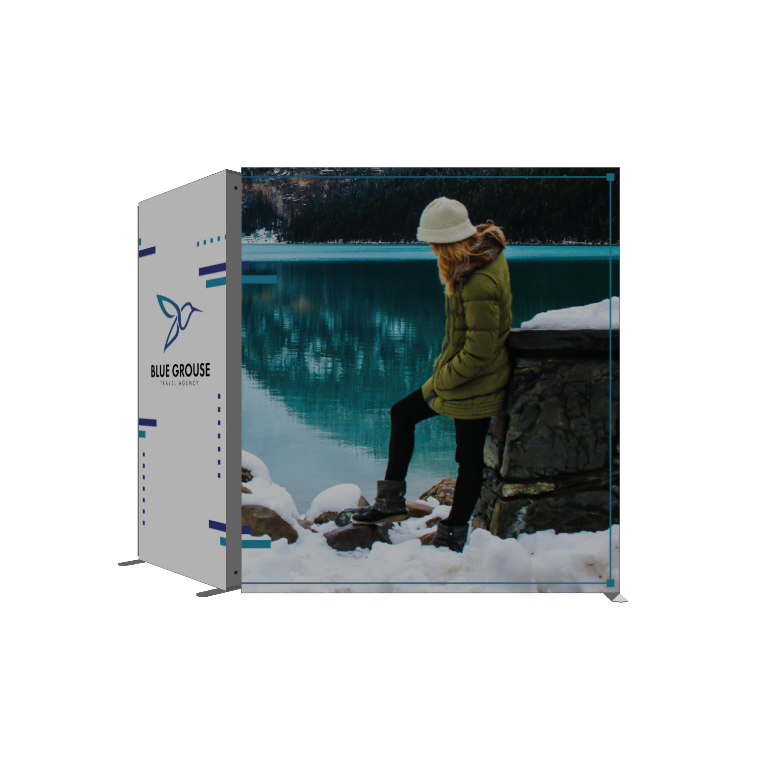Modular SEG light box trade show display with fabric graphic and aluminum frame shown in 3D perspective view