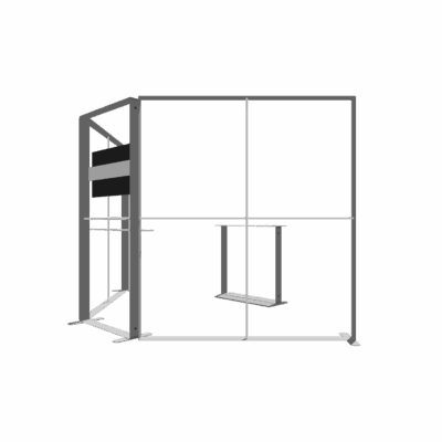 Modular SEG light box display with aluminum frame, backlit panels, and integrated shelving for trade show booths