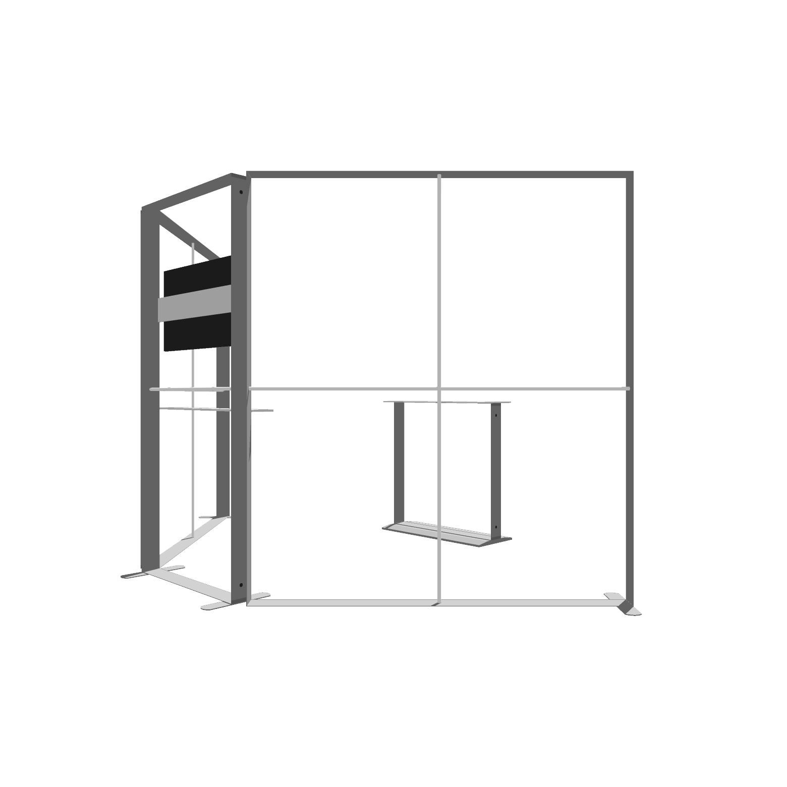Modular SEG light box display with aluminum frame, backlit panels, and integrated shelving for trade show booths
