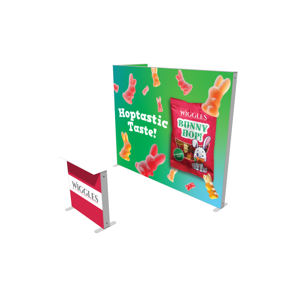 Portable SEG light box display with Wiggles candy graphics and modular counter for trade shows