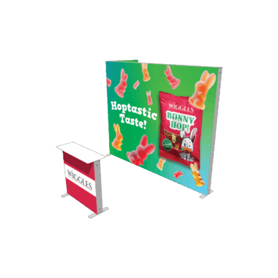 Portable SEG light box display with Wiggles candy graphics and modular counter for trade shows