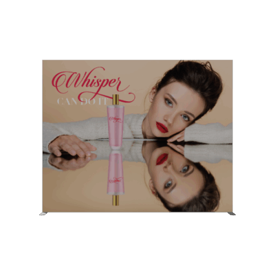Backlit SEG light box displaying beauty brand Whisper campaign with model and product reflection at trade show