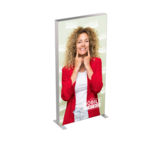 Portable SEG light box display with backlit fabric graphic and curved aluminum frame on white background
