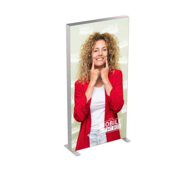 Portable SEG light box display with backlit fabric graphic and curved aluminum frame on white background