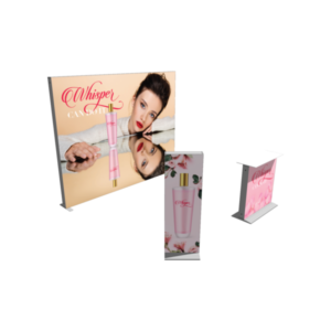 Portable SEG light box trade show display kit with backlit fabric graphics and modular counter