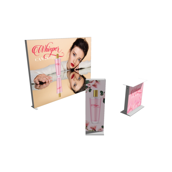 Portable SEG light box trade show display kit with backlit fabric graphics and modular counter