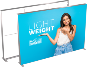 Portable SEG light box display with backlit fabric graphic and aluminum frame for trade shows