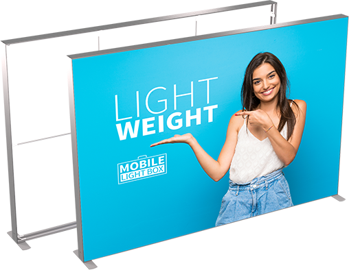 Portable SEG light box display with backlit fabric graphic and aluminum frame for trade shows