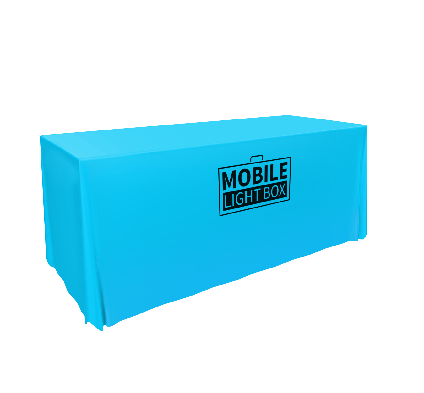 Cyan blue fitted table cover with Mobile Light Box logo for portable trade show display setup