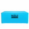 Cyan stretch table cover shown from the front on a rectangular event table.