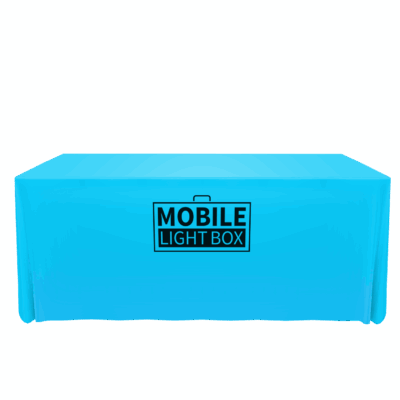 Cyan stretch table cover shown from the front on a rectangular event table.