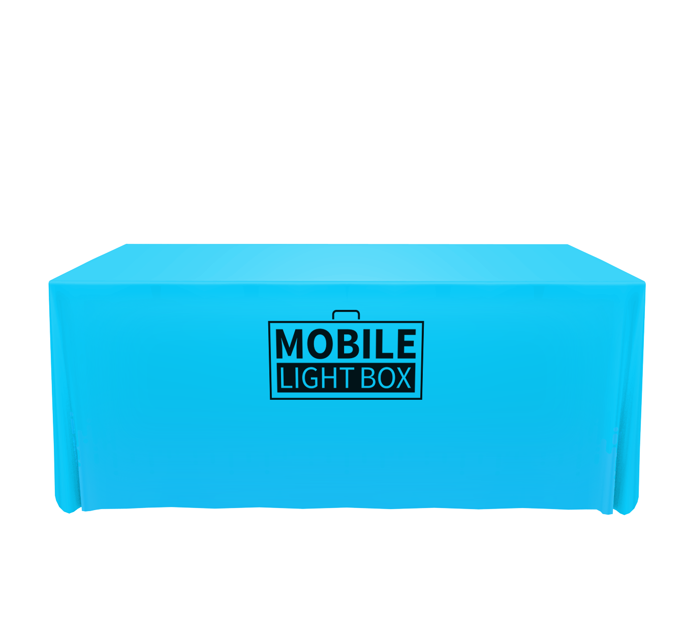 Cyan stretch table cover shown from the front on a rectangular event table.
