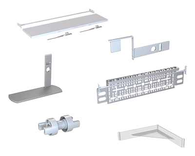 Modular display system components including aluminum frames, connectors, and tool-free assembly parts for trade show booths