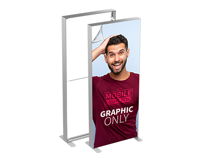 Modular SEG light box display with backlit fabric graphic and tool-free aluminum frame system