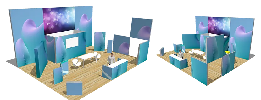 Modular backlit trade show display booth configurations with SEG light boxes and fabric graphics on wood floor