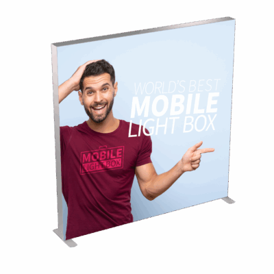 Mobile Light Box 200 x 300 backlit banner display with branded graphic and model pointing.