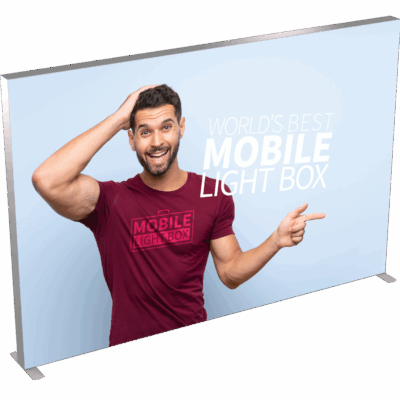 Mobile Light Box 300 x 300 backlit banner display with branded graphic and model pointing.
