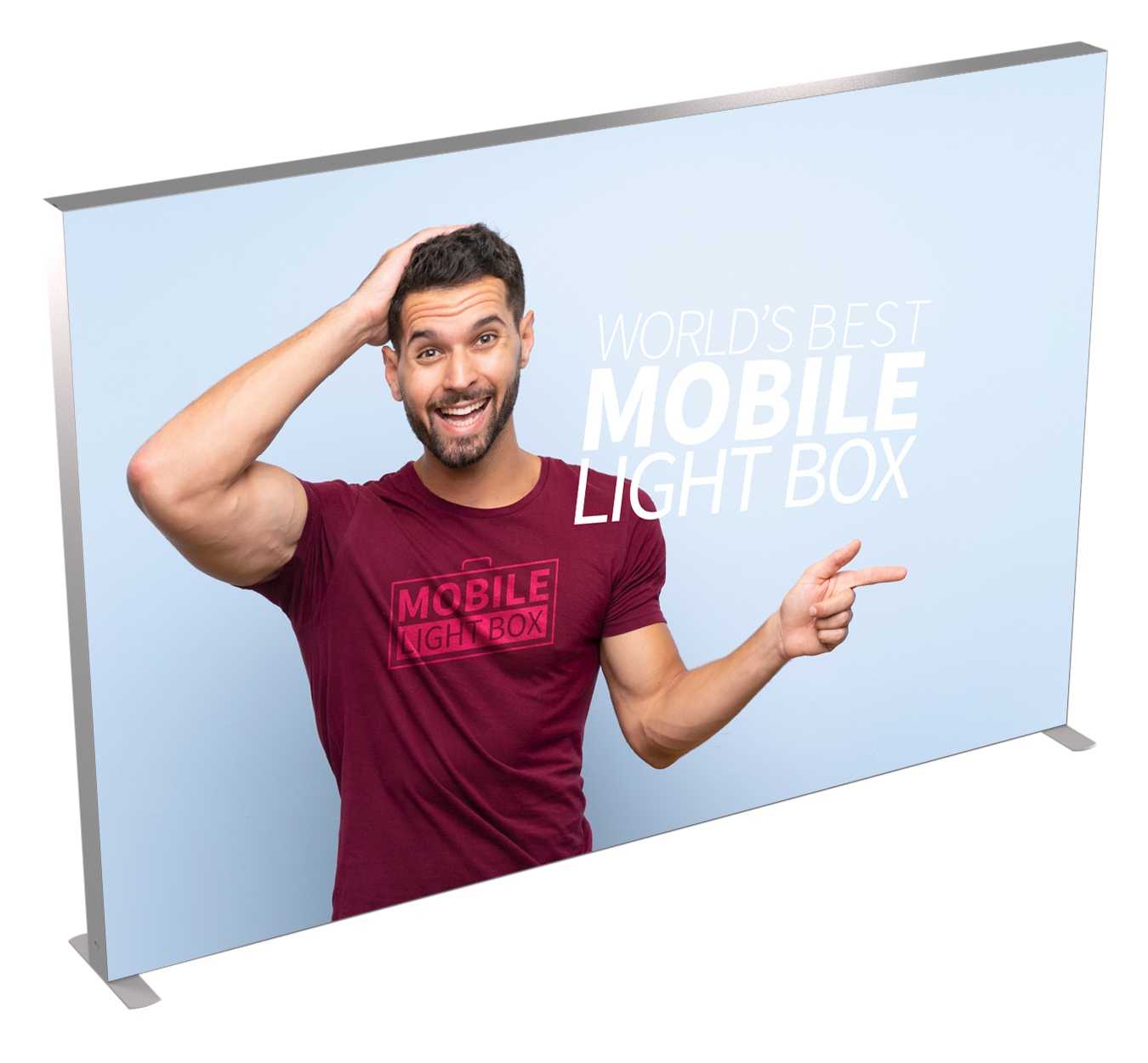 Mobile Light Box 300 x 300 backlit banner display with branded graphic and model pointing.