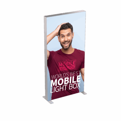 Portable SEG light box display with backlit fabric graphic and aluminum frame for trade shows