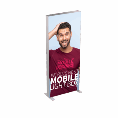 Portable SEG light box display with backlit fabric graphic showing promotional message at trade show