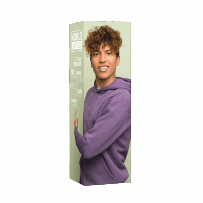 Qbic Tower 100 x 300 branded display tower with Mobile Light Box graphic and lifestyle image.