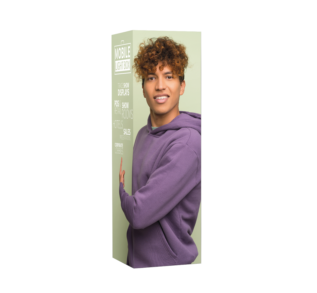 Qbic Tower 100 x 300 branded display tower with Mobile Light Box graphic and lifestyle image.