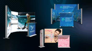 Portable SEG light box displays and modular backlit trade show booths in various configurations
