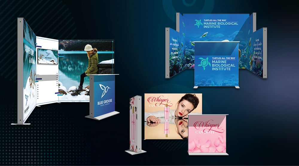 Portable SEG light box displays and modular backlit trade show booths in various configurations