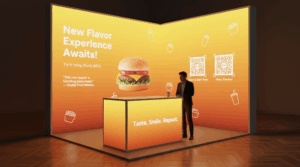 Modular backlit trade show display booth with SEG light box walls and illuminated counter at exhibition