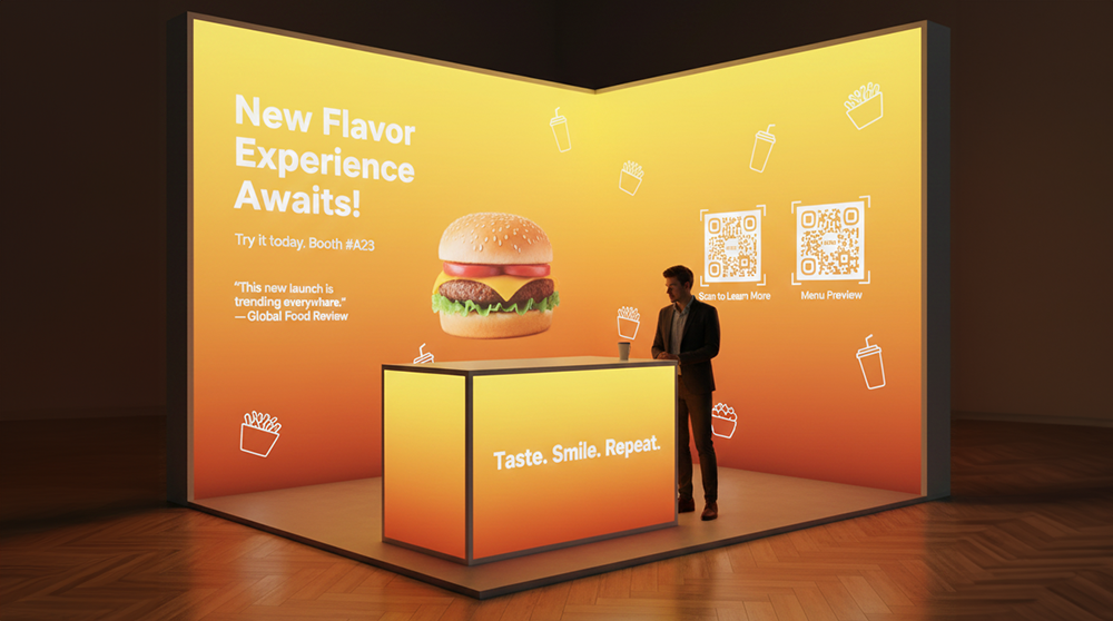 Modular backlit trade show display booth with SEG light box walls and illuminated counter at exhibition