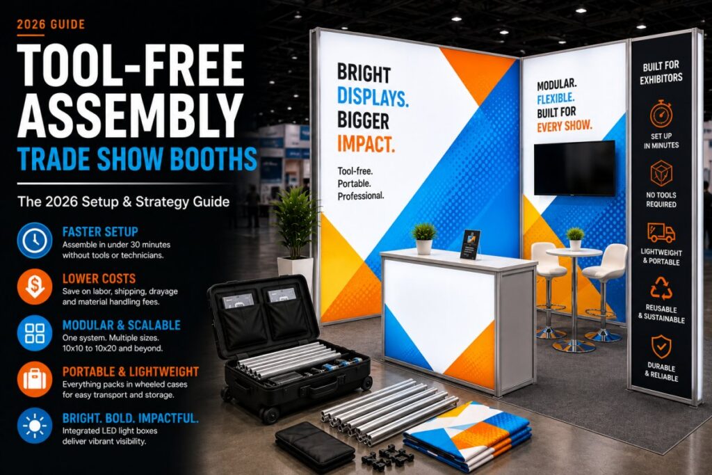 Tool-free SEG light box trade show booth with modular display system and portable wheeled cases
